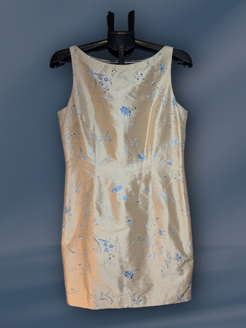 Stunning Ann Taylor 100% Silk Oatmeal/Md. Blue Embroidered Dress - Size 8